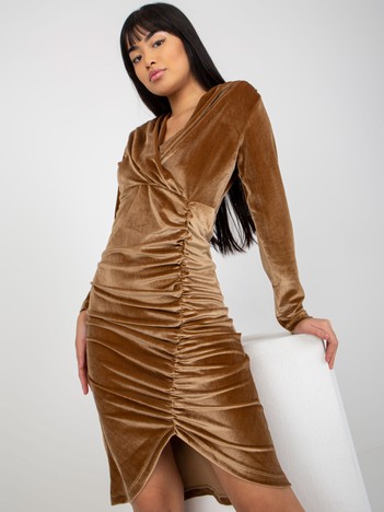 Camel velour cocktail dress with wrap neckline