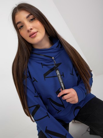 Dark Blue Women's Plus Size Kangaroo Hoodie With Letters