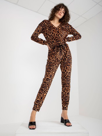 Dark beige and black women's leopard velour set