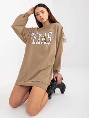 Dark beige long sweatshirt with inscription and pockets