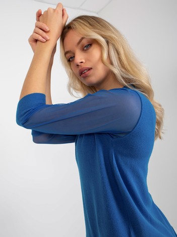 Dark blue classic sweater with mesh sleeves