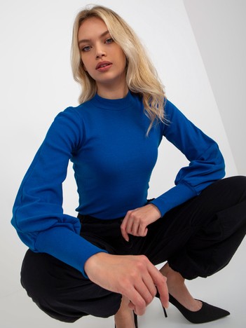 Dark blue ribbed basic blouse with half turtleneck RUE PARIS