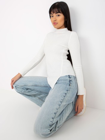 Ecru ribbed asymmetrical sweater with stand-up collar