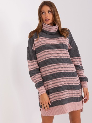 Gray-light pink knit dress with turtleneck