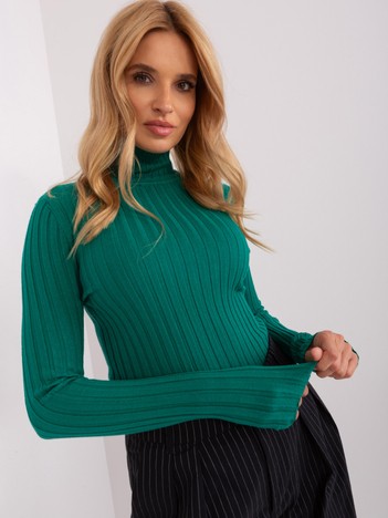 Green Fitted Ribbed Turtleneck Sweater