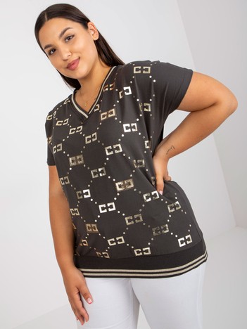 Khaki Cotton Plus Size Short Sleeve Blouse