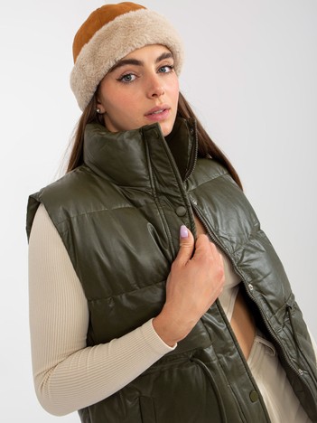 Khaki down eco leather vest with pockets