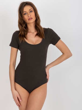 Khaki ribbed basic bodysuit with round neckline