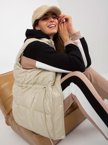 Light beige down eco leather vest with pockets