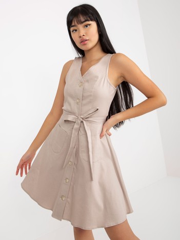 Light beige flared denim dress with binding