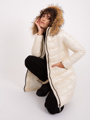 Light beige quilted winter jacket with hood