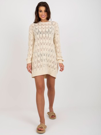 Light beige summer knitted dress with an openwork pattern