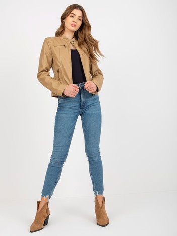 Light camel eco-leather biker jacket with pockets