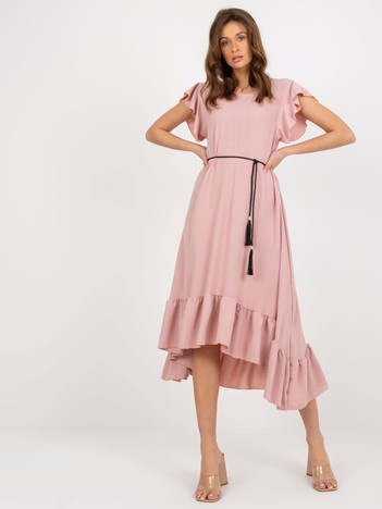 Light pink midi dress with ruffle and round neckline