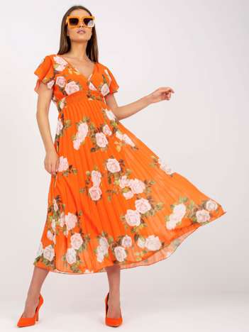 Orange Pleated Midi Length Floral Dress