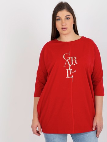 Red Plus Size Long Blouse with Rhinestones Applique