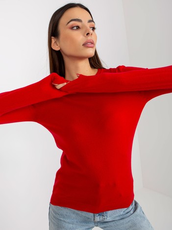 Red plain classic sweater with round neckline