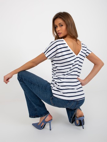 White and Navy Blue Women's Basic Cotton Striped T-Shirt