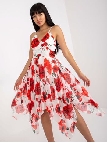 White and red floral dress with wrap neckline