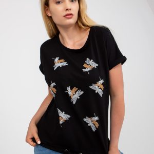 Black Plus Size Cotton T-Shirt with Applique