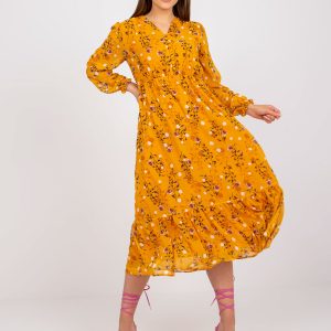 Dark yellow midi dress with prints and ruffles RUE PARIS