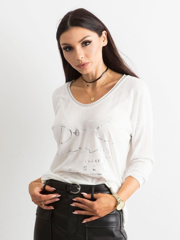 White V-neck blouse with inscription