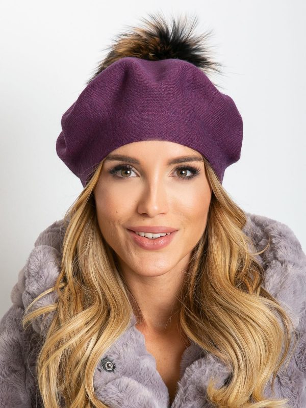 Purple knitted beret with pompom