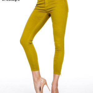 Yellow Brown Elastic Fabric Skinny Pants