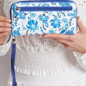 White and blue wallet with patterns