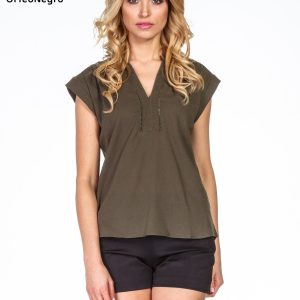 Khaki shirt blouse with openwork along the neckline