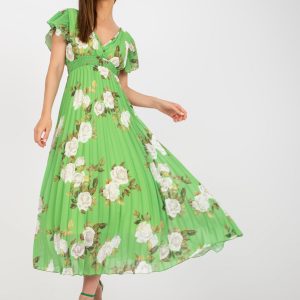 Light Green Pleated Midi Dress with Floral Print