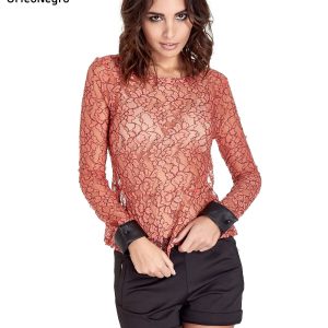 Coral Lace Shirt Blouse with Leather Cuffs