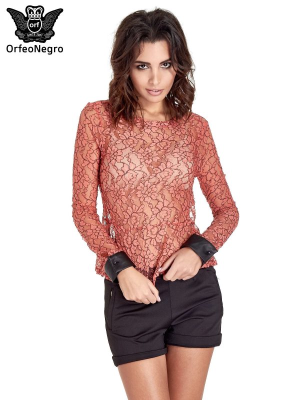 Coral Lace Shirt Blouse with Leather Cuffs