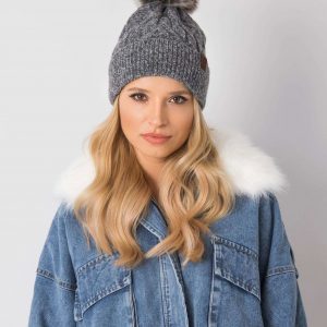 Dark gray melange hat for winter with pompom