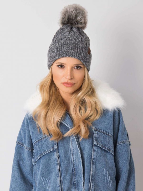 Dark gray melange hat for winter with pompom