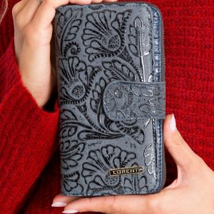 Grey Leather Wallet with Vegetable Motif