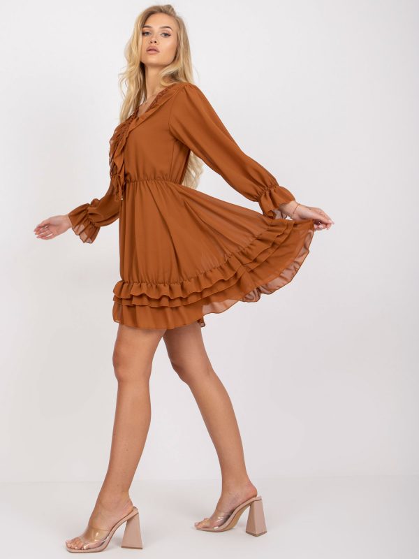 Brown Short Ruffle Long Sleeve Dress Winona OCH BELLA