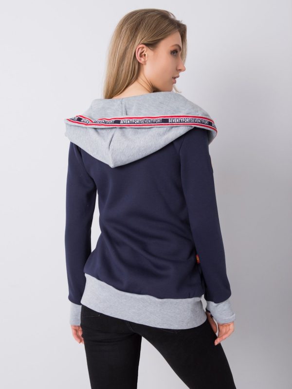 Navy blue long sweatshirt with buttons on the hood