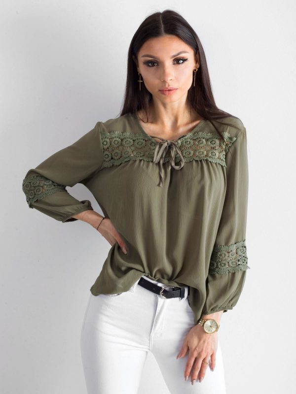 Khaki airy blouse with lace