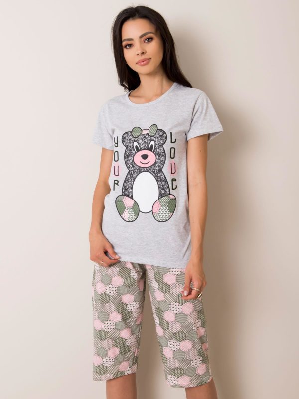 Grey and pink women's pajamas with teddy bear