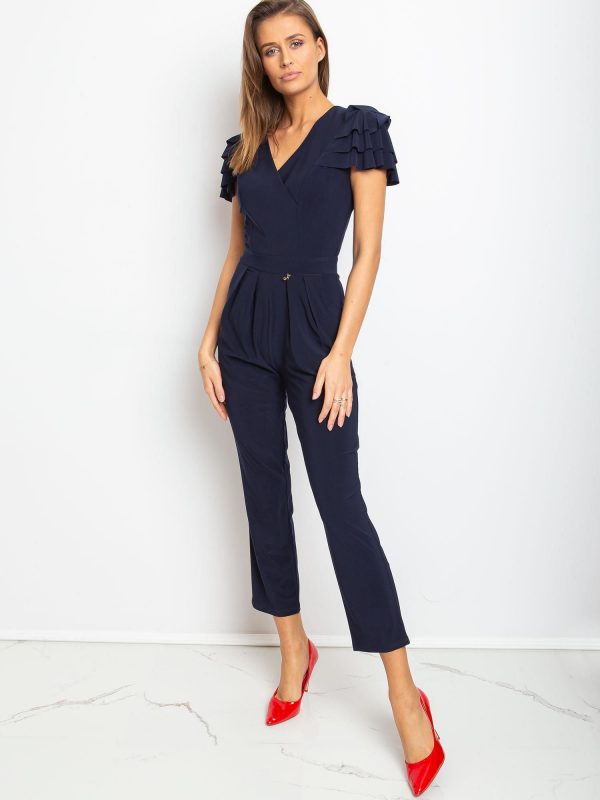 Elegant V-neck jumpsuit with ruffles on the shoulders navy blue