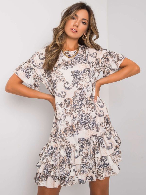 Beige patterned dress with frills Audrina RUE PARIS