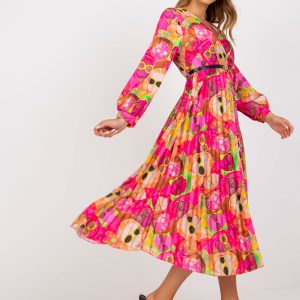 Pink dress with prints and wrap neckline