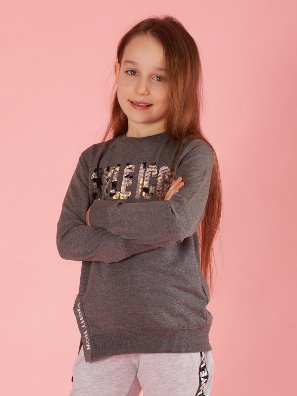 Dark gray girl blouse with sequin lettering