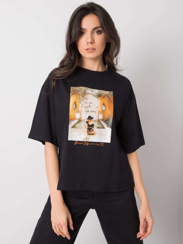 Black T-shirt for women with Morris print