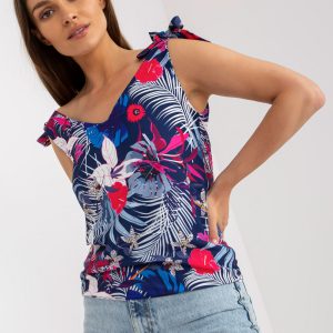 Navy blue women's top in summer prints RUE PARIS