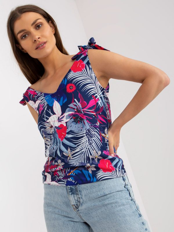 Navy blue women's top in summer prints RUE PARIS