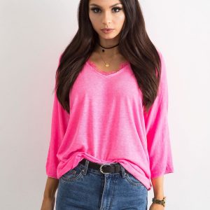 Fluo pink blouse with lace at the neckline