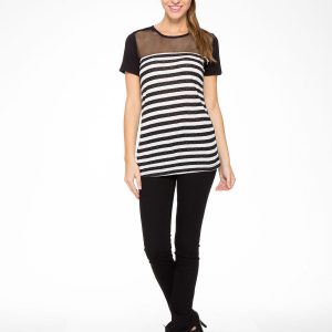 White and black striped T-shirt with mesh top