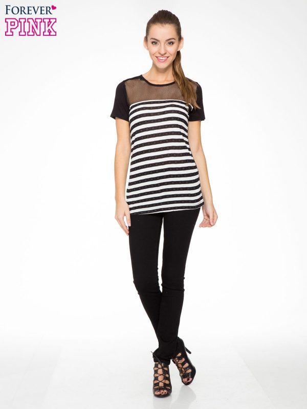 White and black striped T-shirt with mesh top